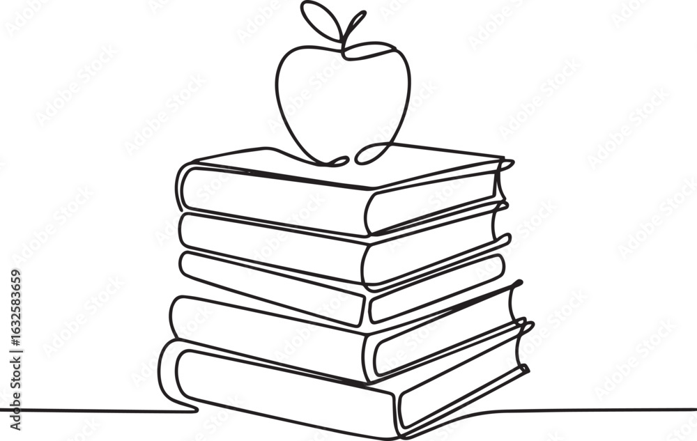 Aufkleber continuous one line drawing of a stack of books with an apple on top, symbolizing knowledge, educati
