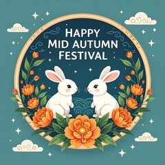 Chinese mid-autumn celebration with white rabbit under big yellow moon holding teacup on blossom branch, festive lanterns, stars and night scene in cartoon style for traditional festival design