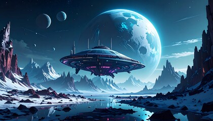 Obraz premium Alien spaceship over icy alien landscape