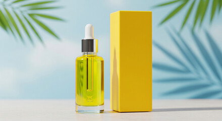 Yellow Dropper Bottle and Packaging on a Sandy Beach