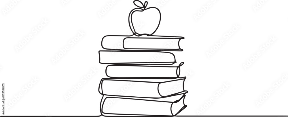 Poster continuous one line drawing of a stack of books with an apple on top, symbolizing knowledge, educati