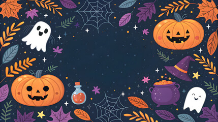 cute halloween background with pumpkins, ghosts, and autumn leaves