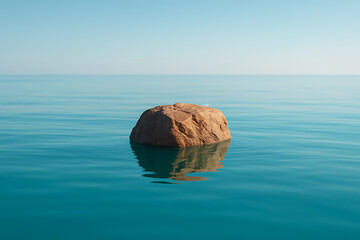 Single rock emerging from calm blue water with clear sky, peaceful nature landscape, minimalism and tranquility concept