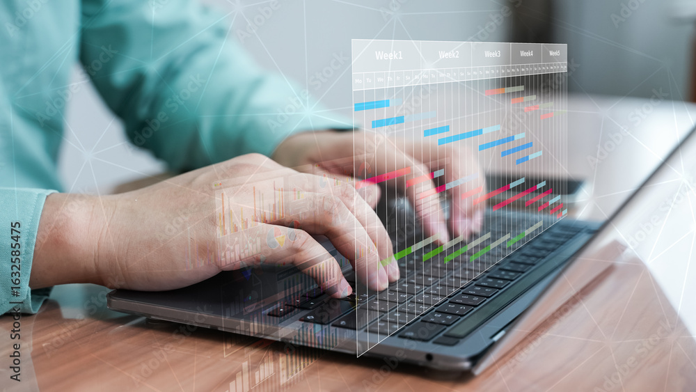 Poster hands typing on laptop keyboard with data analysis and graph overlay. businessman working with digit