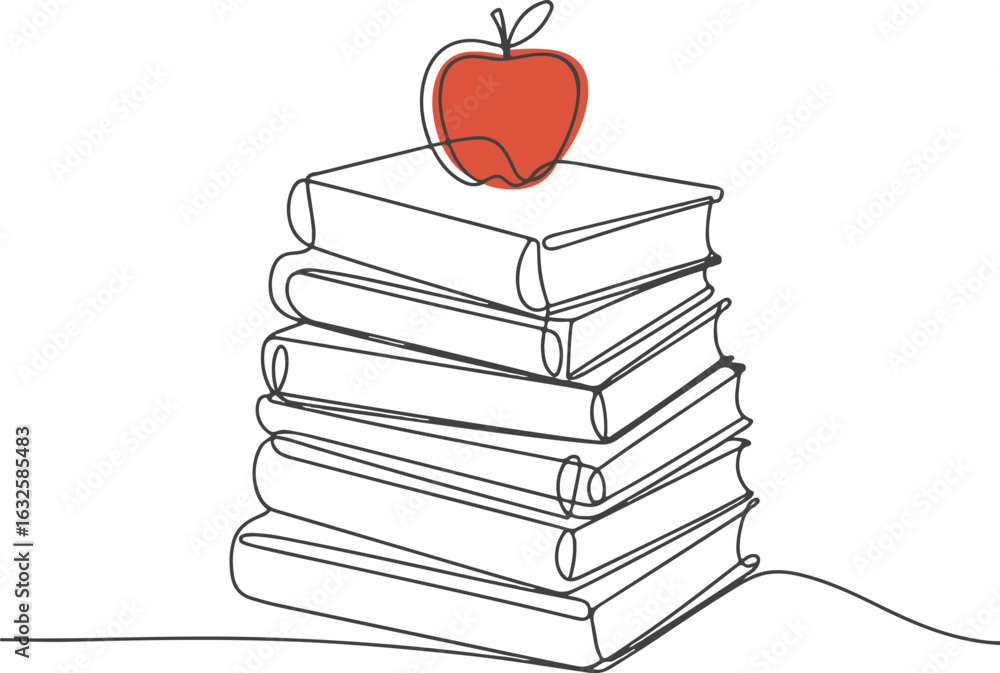 Aufkleber continuous one line drawing of a stack of books with an apple on top, symbolizing knowledge, educati