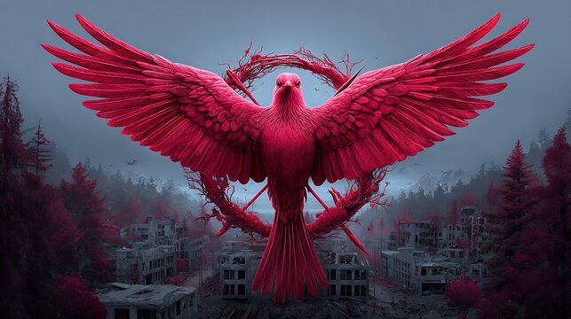 Enigmatic Mockingjay bird symbolizing hope and rebellion in a dystopian landscape, set against a survival and freedom theme.