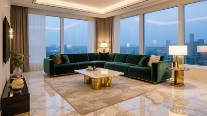 Emerald velvet sectional brightens modern interior. Features marble floor, gold accents, ambient lighting. Ideal for luxury branding, lifestyle posters, and interior design.