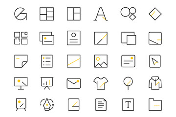 Graphic Design and Brand Identity Icon Set: 30 Minimalist Line Icons with Yellow Accent for Marketing, UI/UX, and Creative Agency Projects. Includes Logo, Poster, and Social Media Symbols.