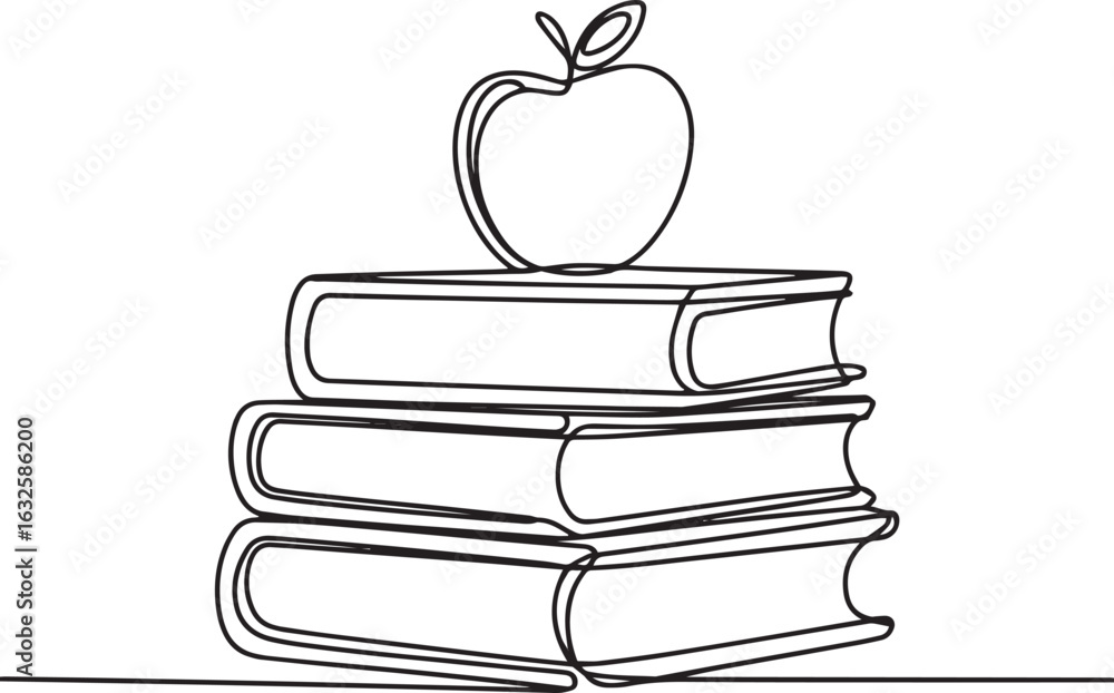 Poster continuous one line drawing of a stack of books with an apple on top, symbolizing knowledge, educati