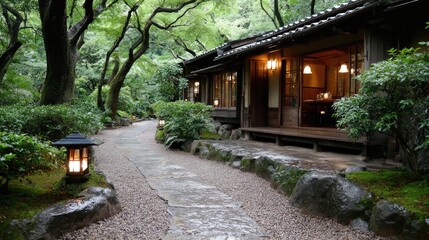 Serene courtyard features moss-covered stones, lush greenery, and lanterns creating a calming atmosphere for reflection