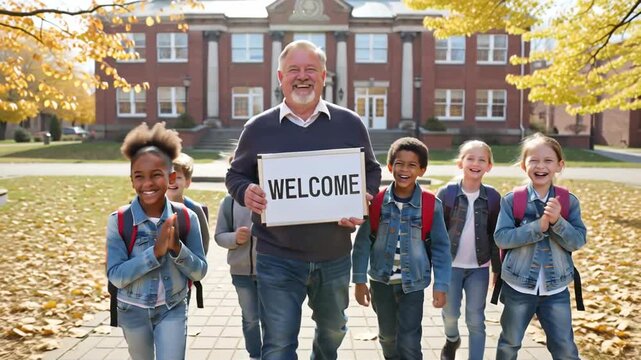 happy male teacher with group of children holding welcome to school sign, sunny autumn day