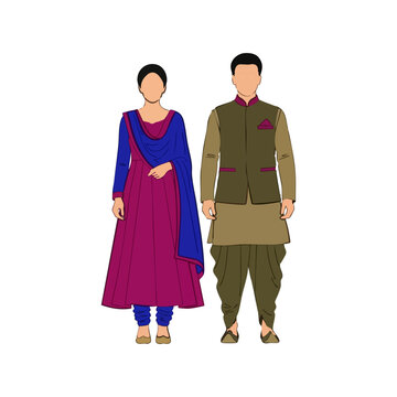 Anarkali Pathani Suit Couple Vector - Minimal North Indian Traditional Attire Design