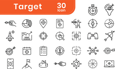 Target Icon set. Editable Stroke, Pixel Perfect, Stock Illustration. Goal symbol collection. Simple target with arrow. Darts icon. Hitting the bullseye icon line and flat style