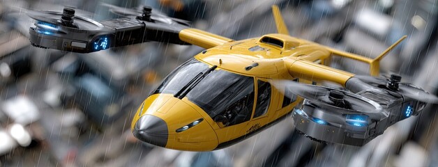 A hovering vehicle with a sleek design navigates a rain-soaked street, surrounded by neon-lit buildings in a vibrant cyberpunk atmosphere.