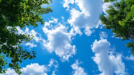 Fototapeta premium Vibrant Blue Sky Filled with Fluffy White Clouds Viewed Through Green Tree Leaves