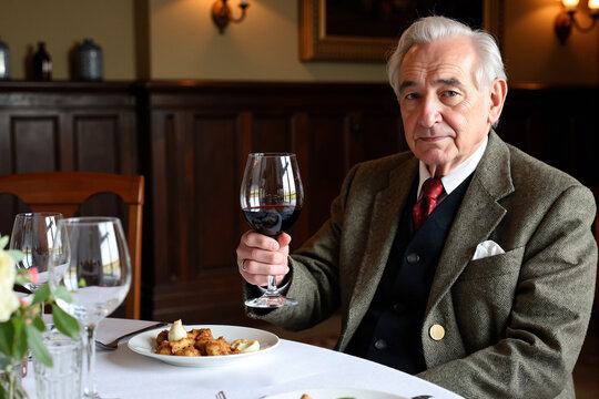 Elegant senior man in tweed jacket enjoys glass of red wine at fine dining restaurant. Portrait of wealthy, sophisticated gentleman represents luxury lifestyle and success