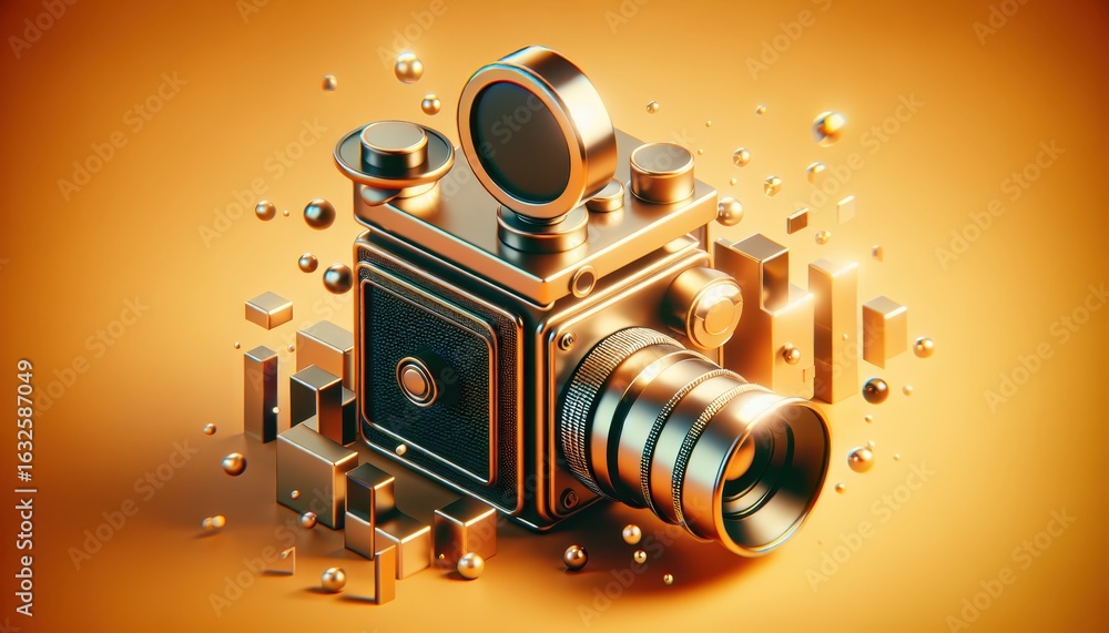 Poster a 3d rendering of a vintage camera with geometric shapes.