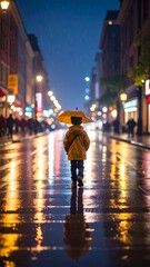 A child with a yellow umbrella walks down a city street at night