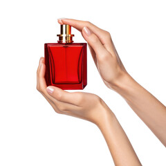 Elegant woman hands holding a red glass perfume bottle with a golden nozzle on a transparent background 