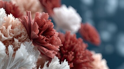 Close-up view of beautiful peony flowers showcasing vibrant colors and intricate petal details in a softly lit, ethereal setting