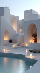 Beautiful white villa showcases Arabic design, an expansive pool, and glowing lanterns, creating a tranquil atmosphere under the night sky