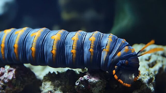 Close-up of a Bizarre Blue and Orange Sea Worm Extending its Feeding Tentacle on the Seabed