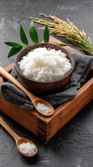 Focus on white grain rice in a wooden bowl alongside a box and ear of rice, emphasizing a nutritious food selection