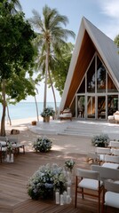 Beachside wedding pavilion blooms with blue and white flowers, creating a magical atmosphere for guests to enjoy stunning views.
