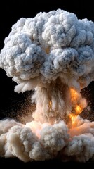 An explosion bursts with vibrant flames and thick smoke, illuminated dramatically, creating an intense visual experience against black