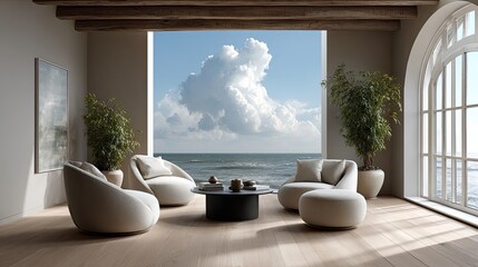 A surrealistic sea storm painting complements a modern interior featuring neutral colors and large windows that invite sunlight.
