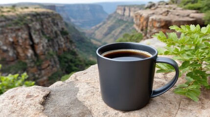 A black coffee mug sits on a wooden surface at the edge of an alien planet, showcasing mountains and deserts in bright light