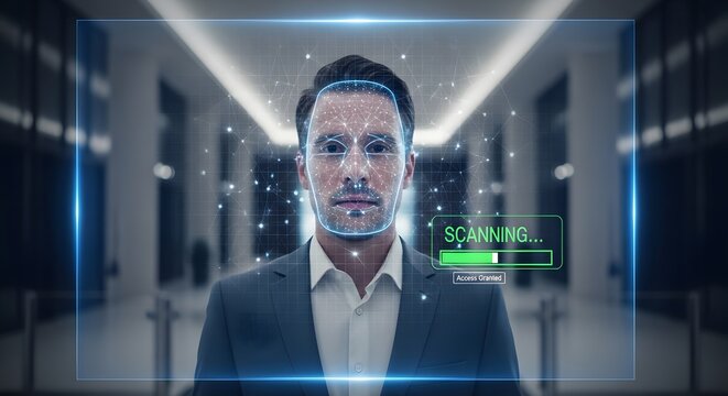 Man's face being scanned with facial recognition technology for security access