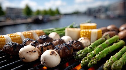 Barbecue on a boat deck features grilled corn and asparagus, surrounded by foil-wrapped food and a picturesque lake backdrop