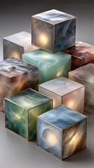 Colorful glass cubes create a vibrant, neon-lit cityscape on a black background, varying in height and hue
