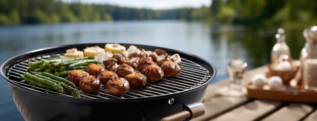 Barbecue on a boat deck features grilled corn and asparagus, surrounded by foil-wrapped food and a picturesque lake backdrop.