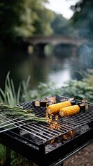 Barbecue on a boat deck features grilled corn and asparagus, surrounded by foil-wrapped food and a picturesque lake backdrop