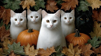 Smiling cats gather around cheerful pumpkins and playful Halloween decorations with vibrant autumn leaves in a colorful setting