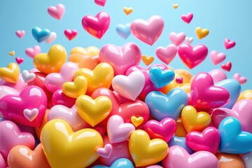 Pile of colorful hearts in pink, yellow, and blue for valentines day