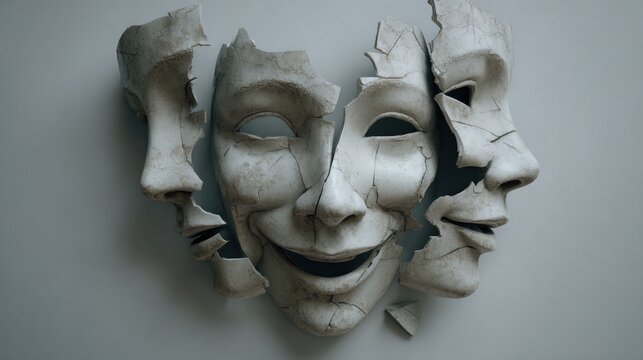 Cracked, composite masks on light background