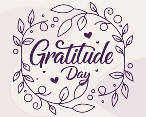 Elegant Gratitude Day Design Featuring a Floral Wreath and Heart Accents on a Light Background