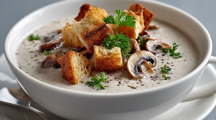 Fototapeta premium Deliciously creamy mushroom soup served with croutons and fresh parsley, perfect for those chilly days.