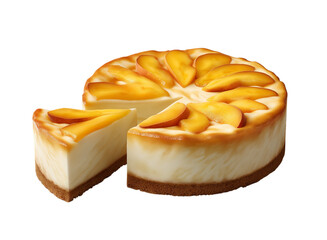 A delicious round peach and white chocolate cheesecake with peaches on top isolated on a transparent background in PNG format.