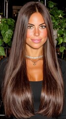 Fototapeta premium Young woman with long, shiny brown hair.