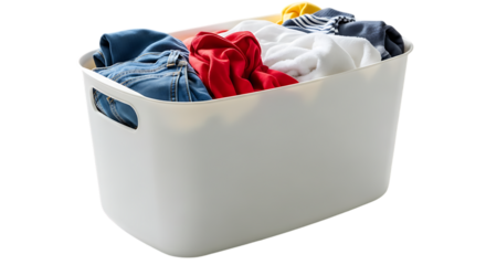 Full Laundry Basket with Various Clothes and Denim Isolated on Transparent Background Clean Home Care Concept
