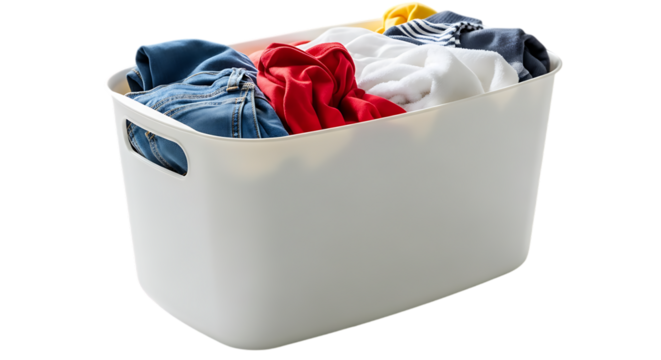 Full Laundry Basket with Various Clothes and Denim Isolated on Transparent Background Clean Home Care Concept