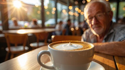 Morning Coffee and Senior Man in Cafe - Lifestyle and Wellbeing