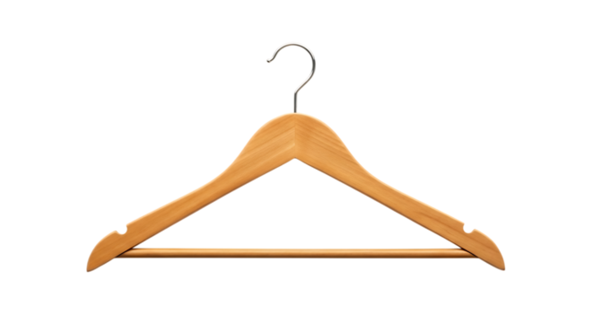 Simple Natural Wood Clothes Hanger with Metal Hook Isolated on Transparent Background Ideal for Storage and Organization Purposes