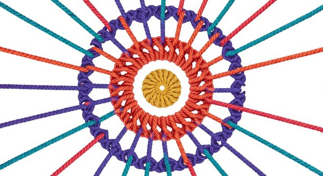 Colorful Rope Mandala on White Backdrop for Crafts and Creative Arts