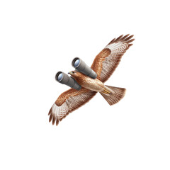 Obraz premium Majestic eagle with binoculars soaring through the sky, representing keen observation and wildlife exploration