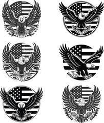 A black and white monochromatic artistic illustration of an American bald eagle with spread wings centered against a distressed American flag background